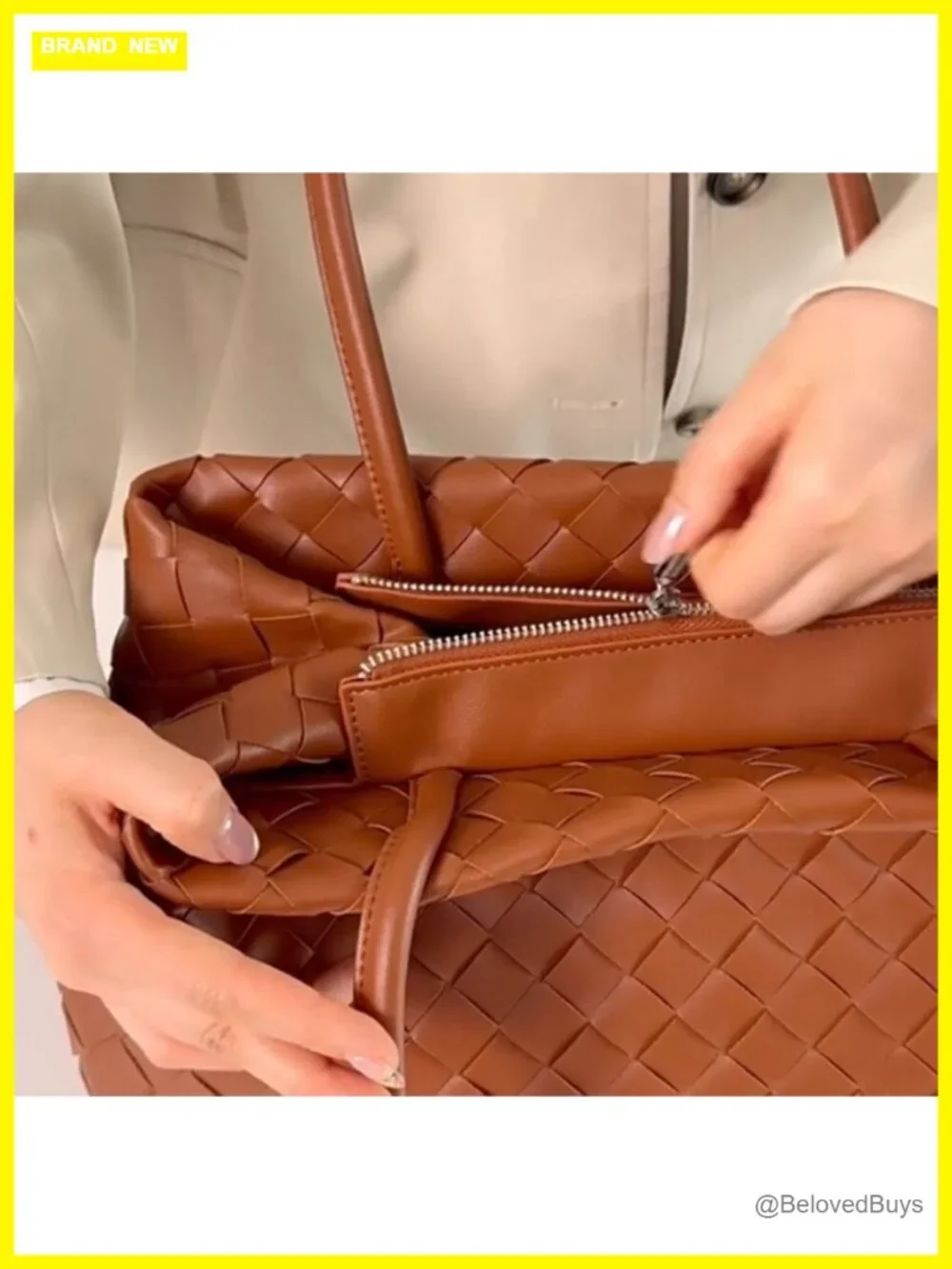 Woven Tote Bag, Vegan Leather Shoulder Bag with Zipper, Slouchy Handbag
